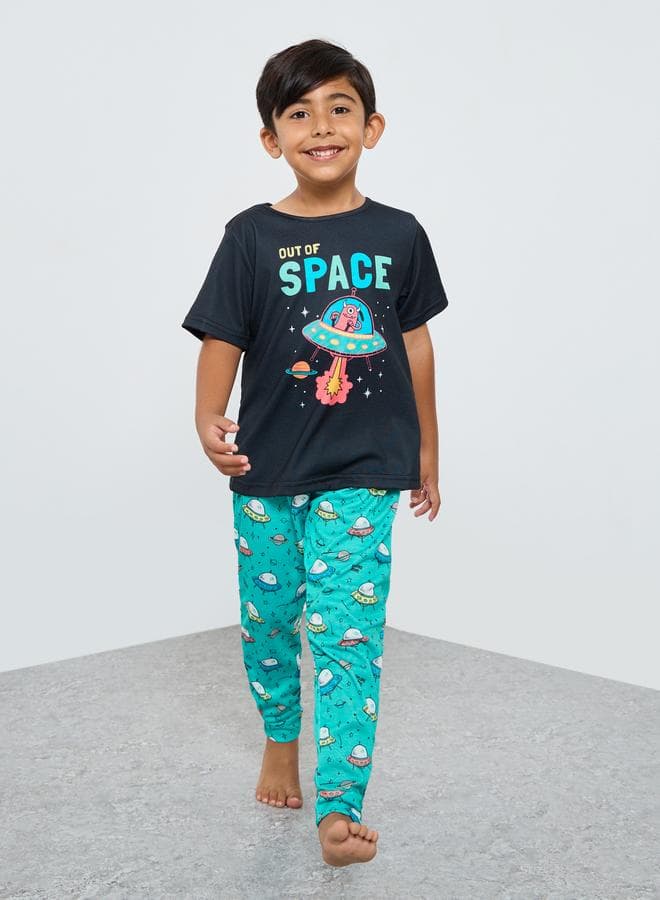 Space Graphic Print T-Shirt And Pyjama Set
