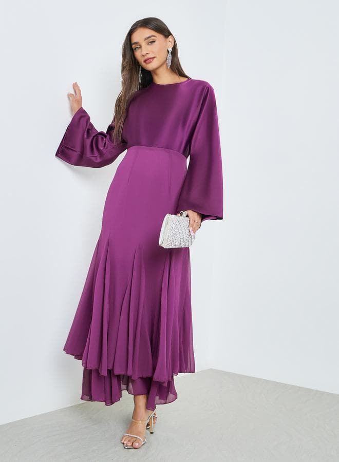 Purple Flute Sleeves Mermaid Hem Maxi Dress