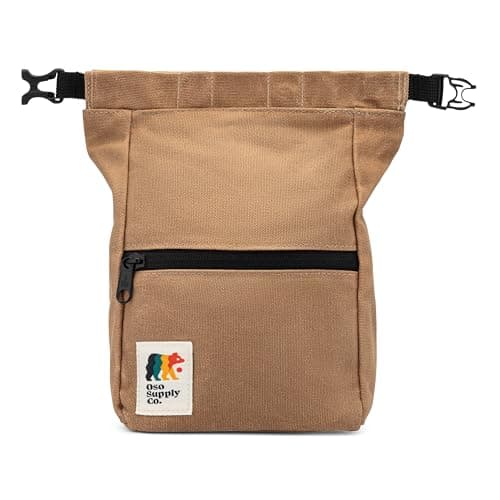 Oso Supply Co Kulshan Bouldering Bucket Large Size Chalk Bag for Rock Climbing Chalk Pot with Magnetic Roll Down Closure Brush Loop Zippered Pockets for Climbers Weightlifting Brown