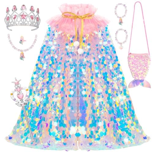 Meland Princess Dress Up for Girls 3-8, 11Pcs Mermaid Cape with Crown, Dress Up Clothes Birthday Gift Toys for Girls Toddlers