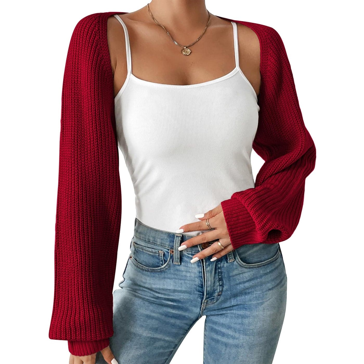 Durio Red Bolero Shrugs for Women Y2K Long Sleeve Cropped Sweater Cardigan Open Front Top Womens Fall Fashion 2025 Red XSmall