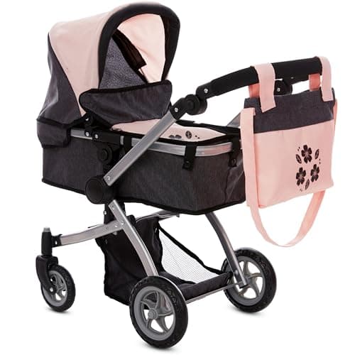 Dolls To Play Baby Doll Convertible Pram Stroller for Kids, Adjustable Handle Foldable Buggy Carriage with Canopy and Storage Basket Heavy Duty Premium Quality Rotating Wheels - 25 Inch