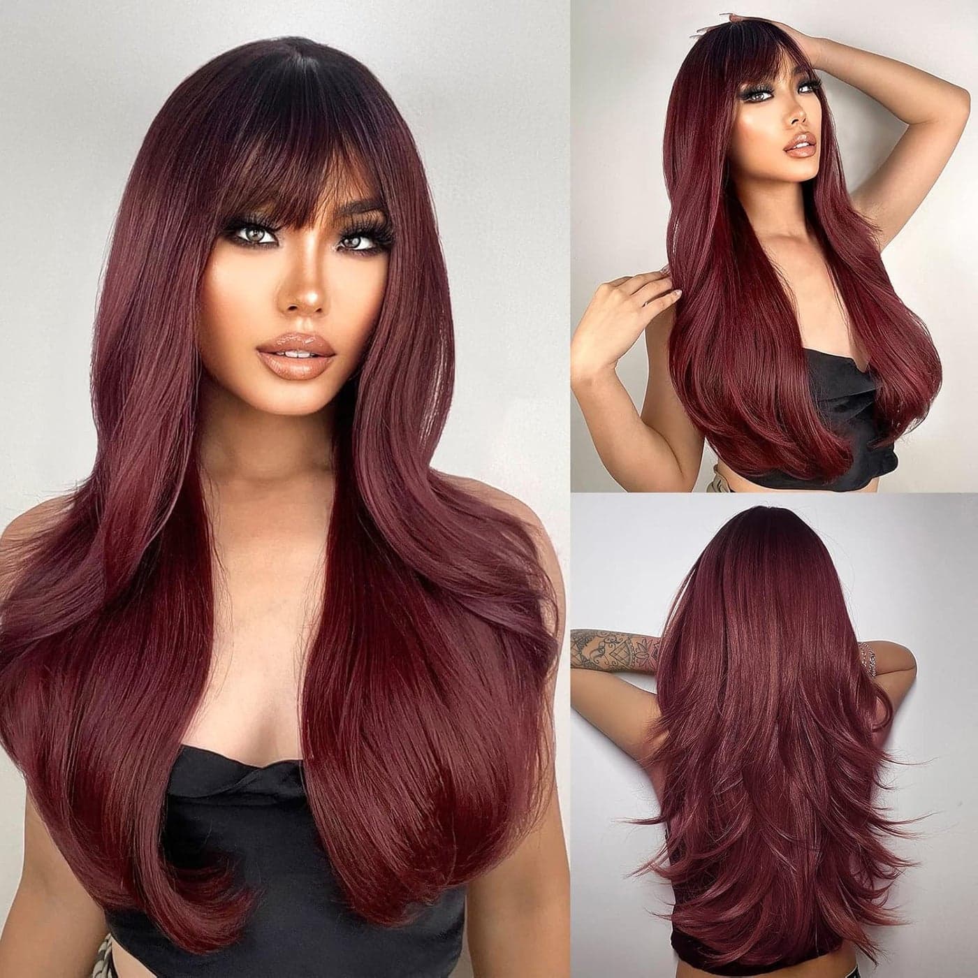 N NAYASA Burgundy Wigs with Bangs Wine Red Ombre Wigs for Women Long Layered Wigs with Dark Roots Synthetic Heat Resistant Wigs for Daily Party Use