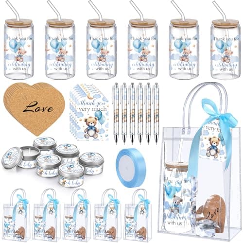 MotiMind 6 Sets Bear Baby Shower Prizes for Game Players Baby Shower Winners Guest Gifts Blue Balloon Bear Candle Tumbler Coaster Pen Gift Bag Wedding Bridal Game Prizes Party Favors