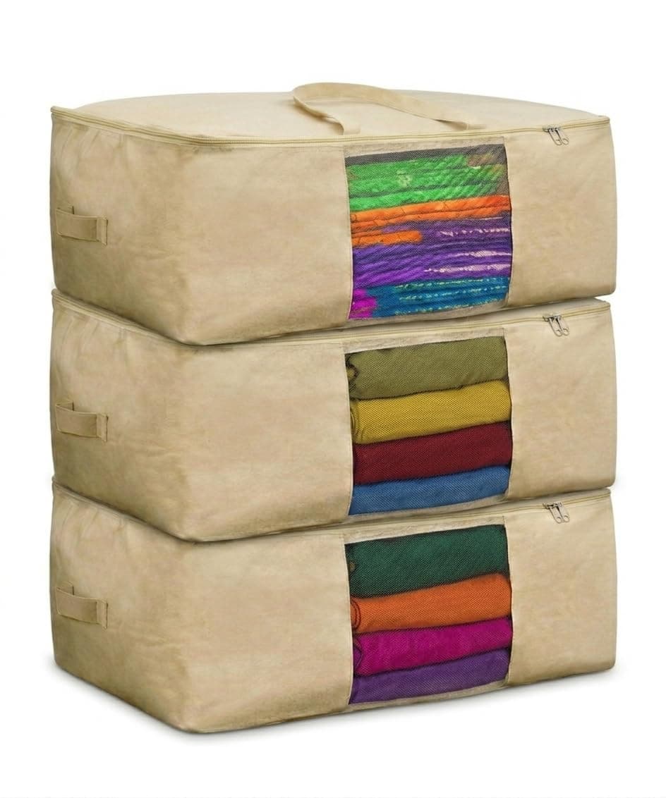 Gowloz Large Cotton Saree Storage Bags Pack of 3 (42 x 16.5 x 34 cm) – Breathable Clothes Organizer with Mesh Window & Zipper | Wardrobe Storage Bags for Sarees, Blankets, Bedding, Dresses & Garments