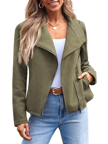 AUTOMET Women‘s Faux Suede Leather Jacket, Cropped Open Front Coat for Fall Winter Spring, Cardigan Style ArmyGreen L