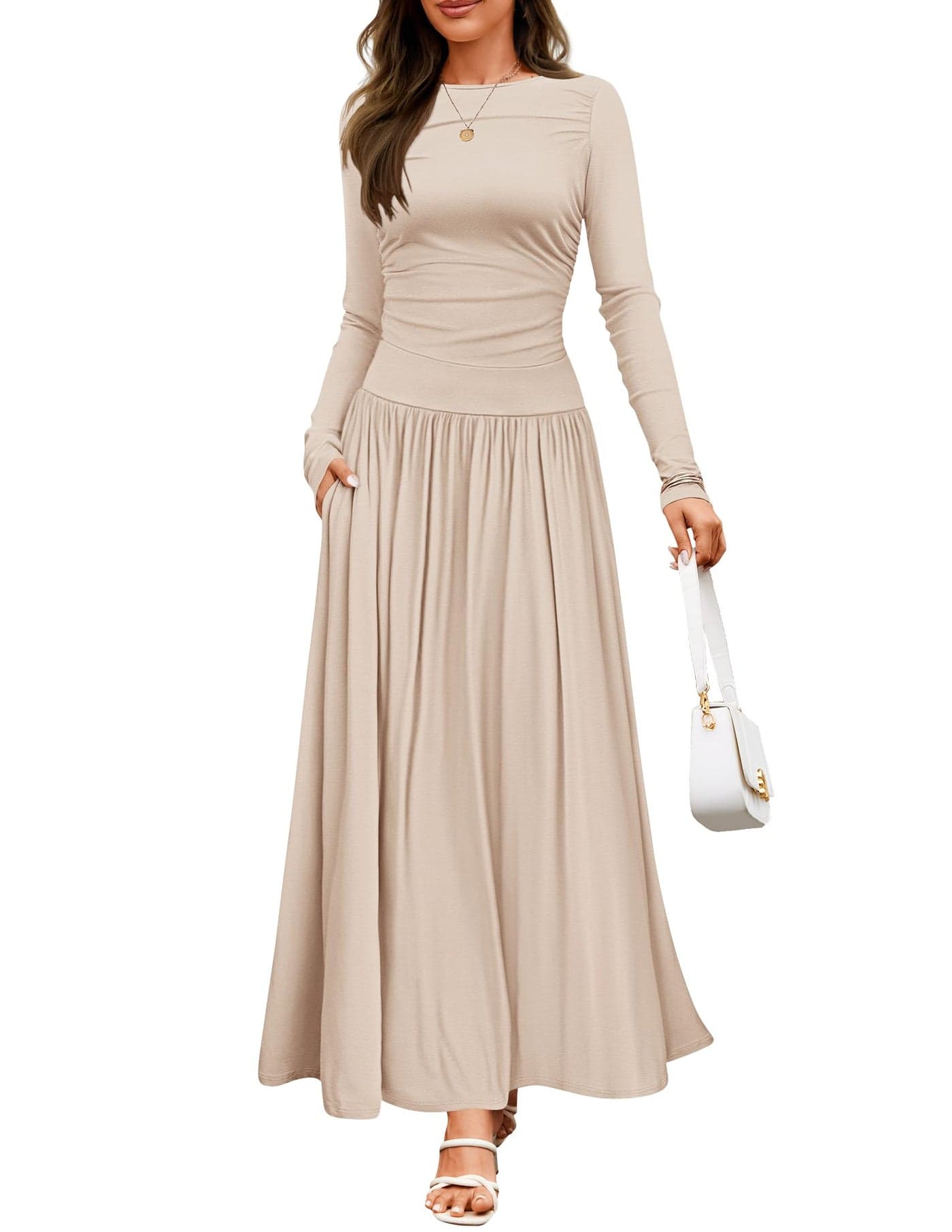 ZESICA Women's Long Sleeve Fall Maxi Dress 2025 Crewneck Knit Casual Slim Swing Pleated Dresses with Pockets,Sand,Small