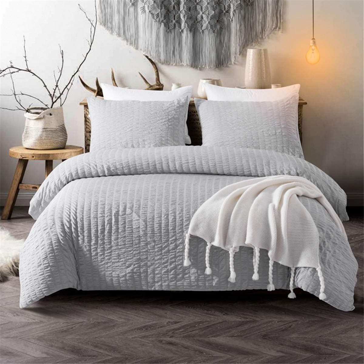 Grey Classic Seersucker Duvet Cover for Teens Adults Pinch Pleat Bedding Set with 2 Pillowcases Classic Puckering and Crimping Quilt Cover with Zipper Closure King Size 220230cm