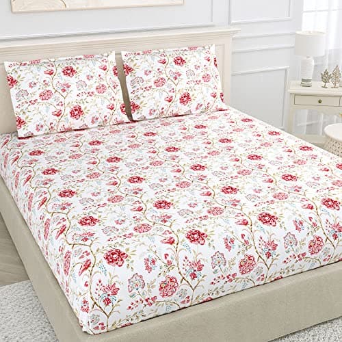 haus & kinder Fitted Cotton Bedsheets King Size, 100% Cotton, 186 TC, Elastic Bedsheet Fitted for Double Bed, Floral Bed Sheet, Multicolor