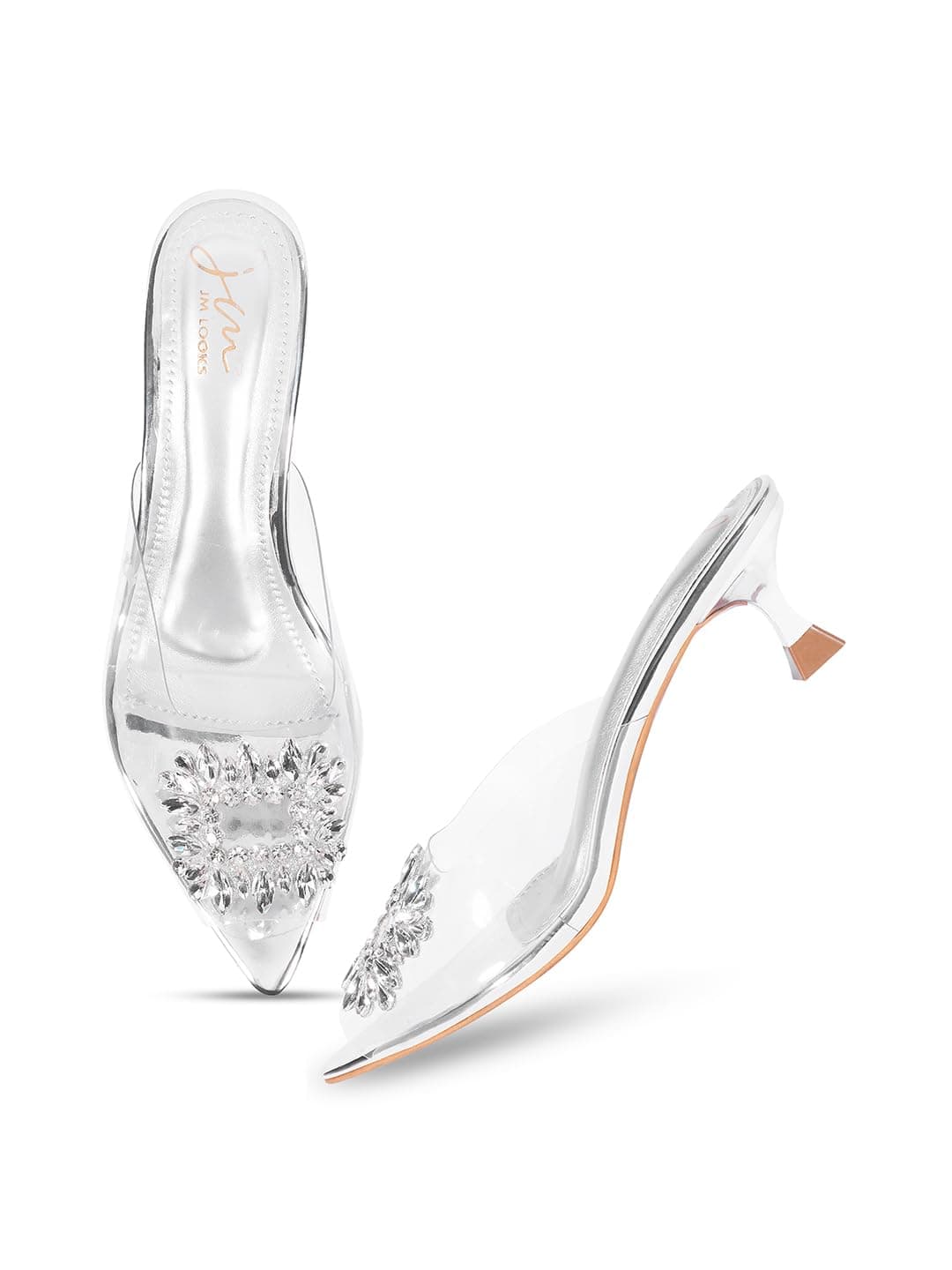 JM LOOKS Comfortable and Stylish Kitten Heels Transparent Upper Sandals For women and Girls (Silver)