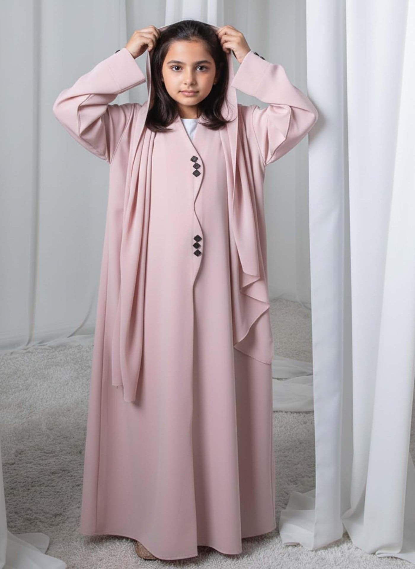 Kids Abaya With Sheila I Elegant Pink Barbie Crepe Modest Wear for Girls