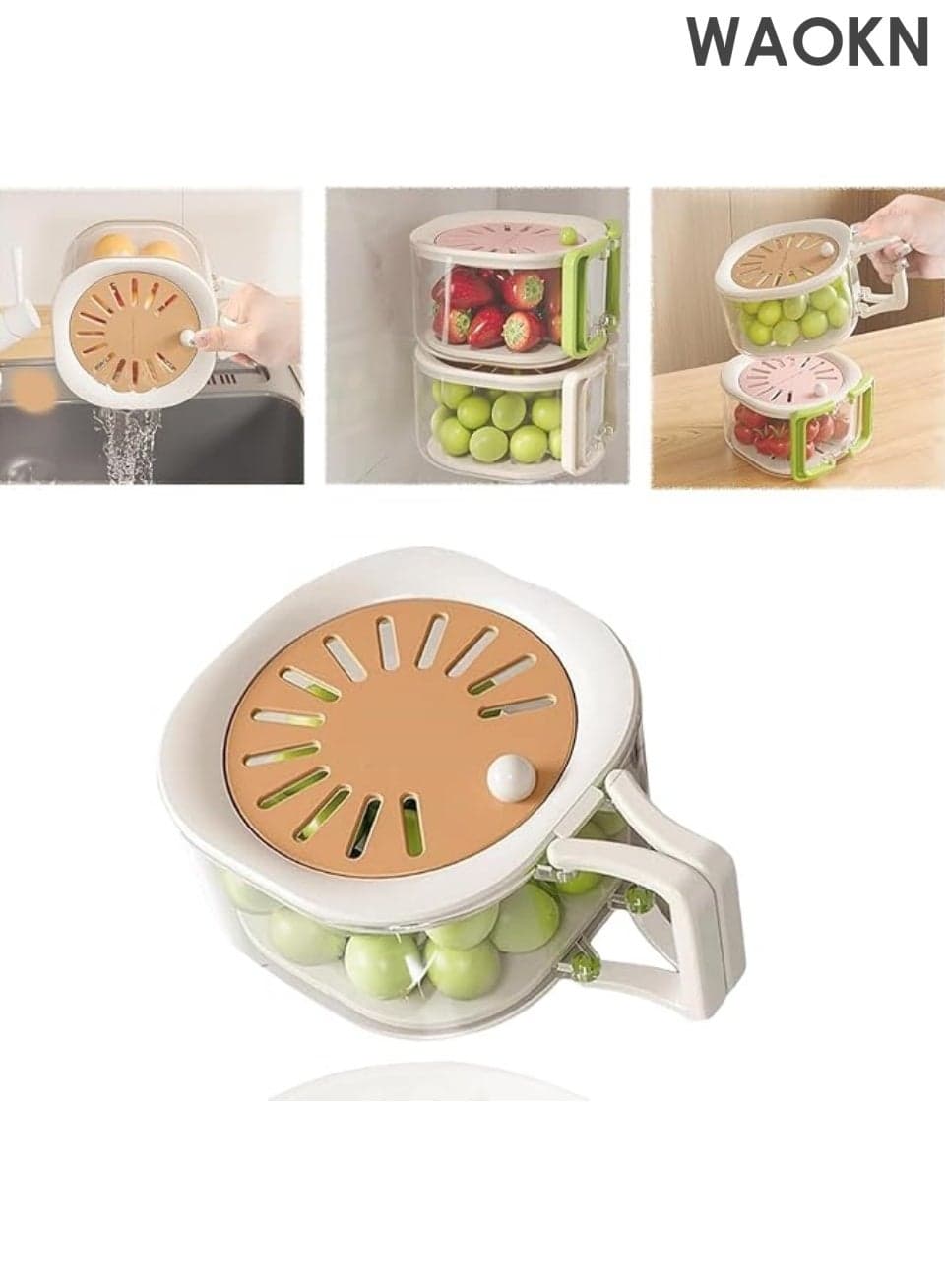 Multifunctional Drain Basket with Lid, Vegetable and Fruit Washing Bowl with Strainer, 2 in 1 Foldable Handle Fruit Strainer, Refrigerator Berry Basket (Brown)