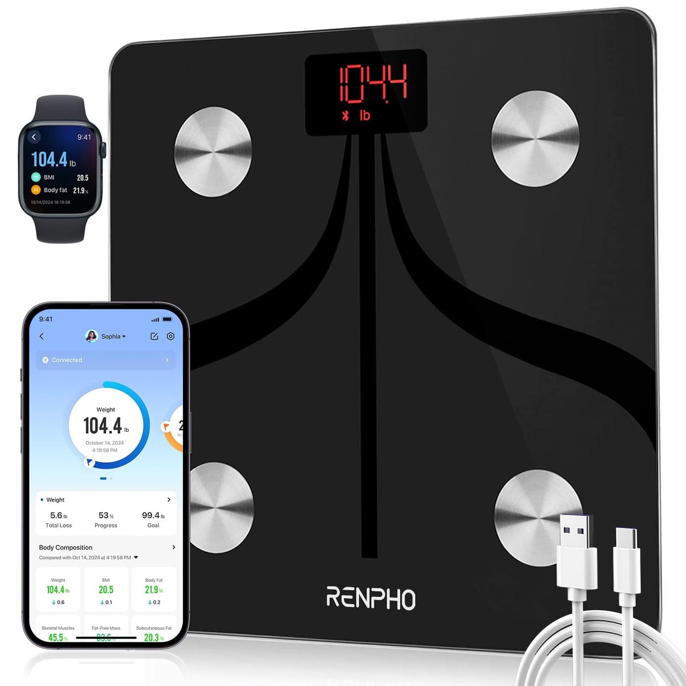 RENPHO Smart Scale for Body Weight USBC Rechargeable Digital Bathroom Scale Electronic 13 Body Composition Monitor with Smartphone App 396 lbs Black Elis 1 11 inch