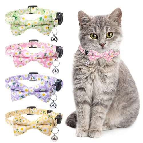 XLSXEXCL 4 Pcs Breakaway Cat Collar with Bow Tie and Bell Floral Cat Kitten Collar with Removable Bowtie Adjustable Safety Collars for Girl Cats