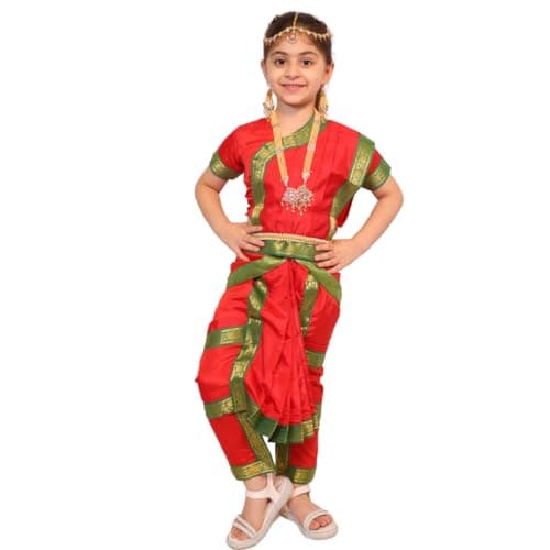 Kaku Fancy Dresses Bharatnatyam Dress For Kids With Jewellery Set For Dance Costume Outfit With Accessories - Red, 3-4 Years, Girl