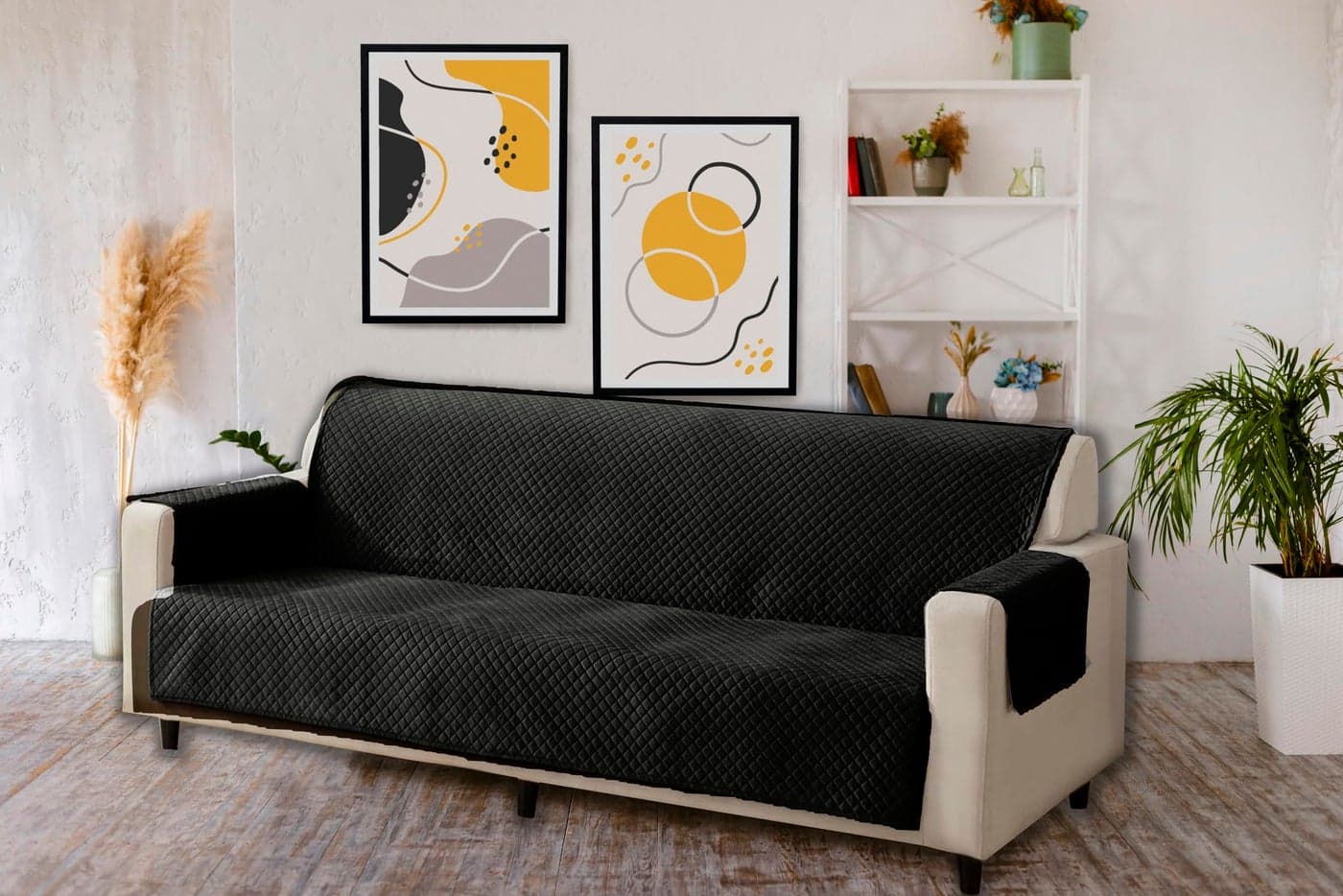 KINGLY Velvet Quilted Universal Elastic Sofa Cover Non-Slip Sofa Protector 5 Seater Armchair Cover with Machine Washable Adjustable Elastic Straps (3+2 Seater) (Jet Black)