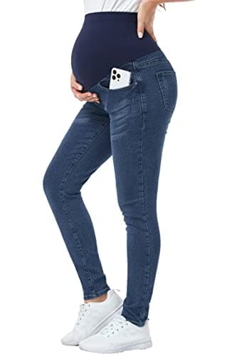 PACBREEZE Women's Maternity Jeans Over Belly Skinny Stretchy Denim Pants Comfy Slim Pregnancy Pants (Dark Blue, Large)