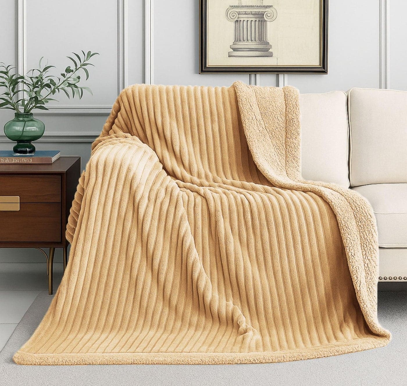 VAS COLLECTIONS Reversible Sherpa Fleece Throw Blanket Plush Flannel Throw, Ultra Soft Warm Ribbed Microfiber all season/ac blanket for Sofa Couch Bed, Luxury Thick Striped Blanket, Beige, 220x150 CM,