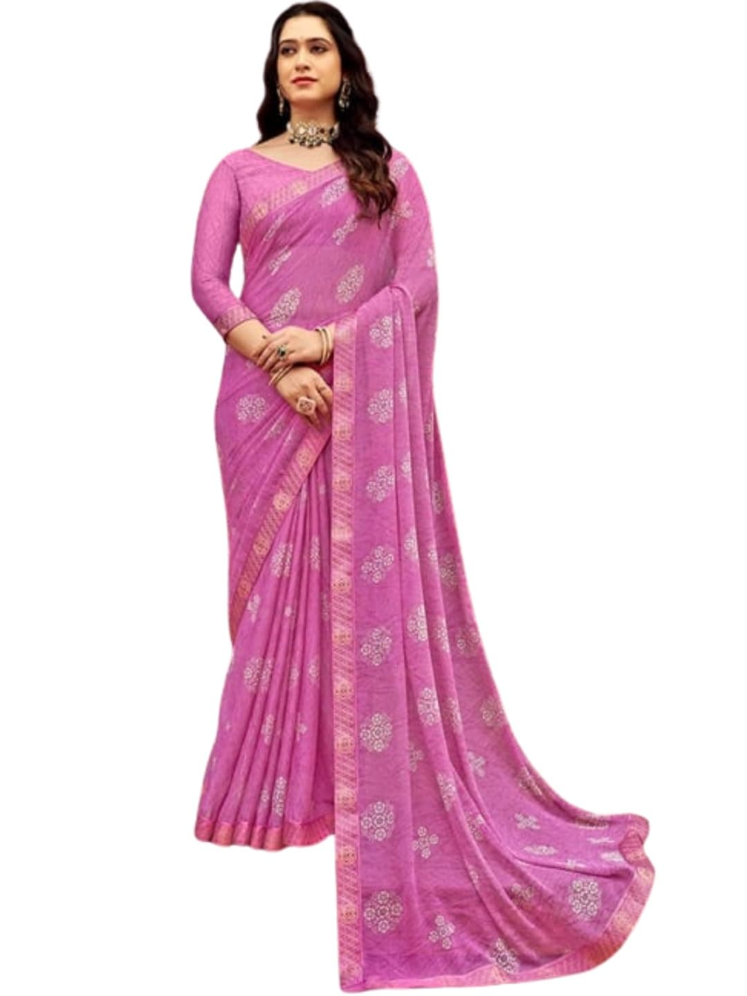Shiv Textiles Women's Chiffon Floral Printed & Lace Saree(SAT-537S-PINK1)