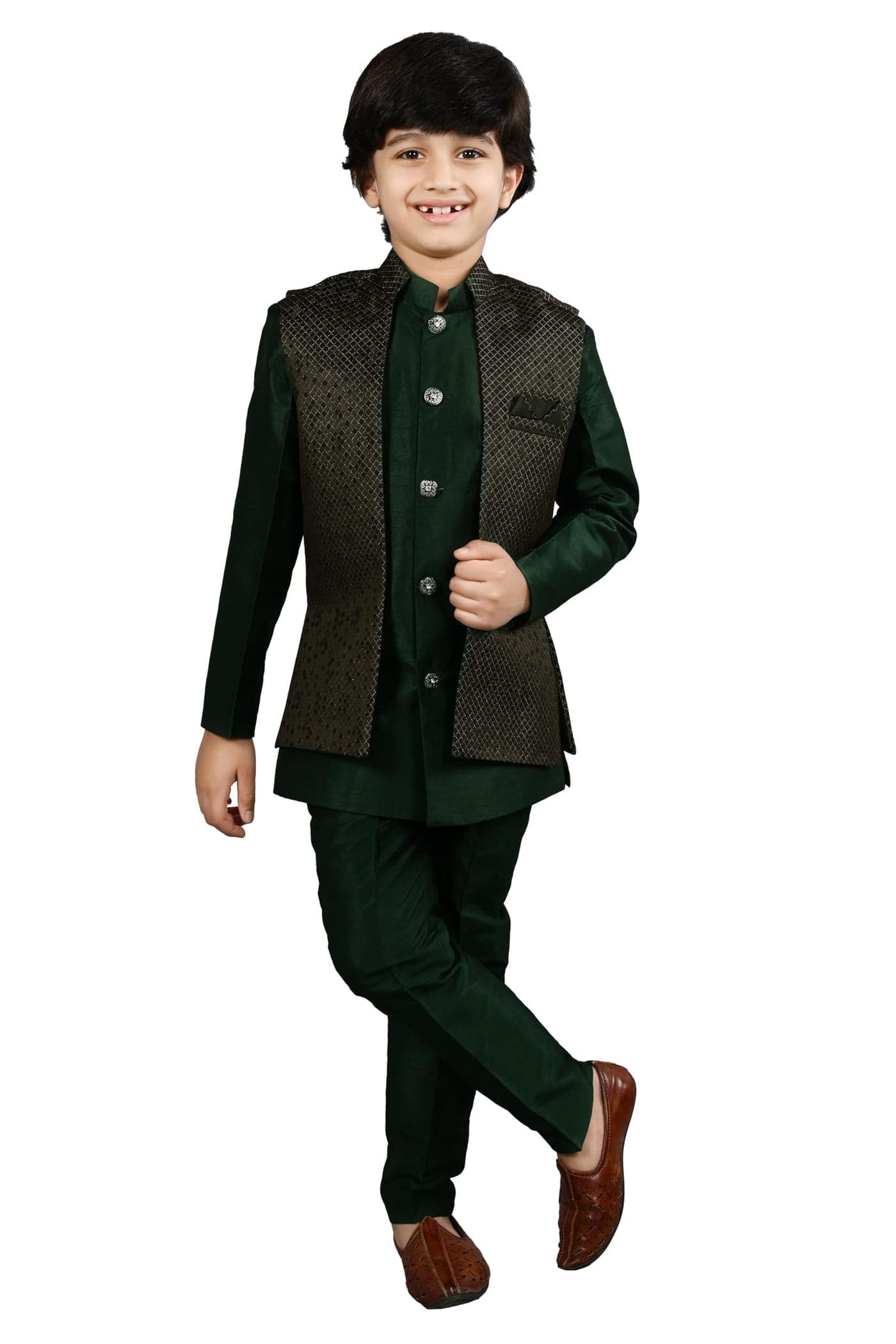 AHHAAAA Kids Ethnic Silk Blend Waistcoat Kurta Pyjama 3 Piece Sherwani Set For Boys |Green 7-8 Years, 540|