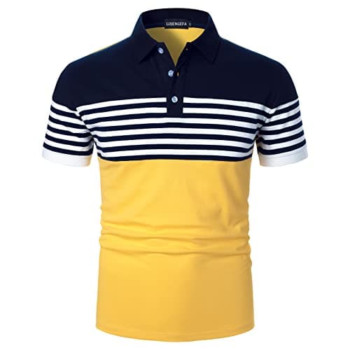 LUJENGEFA Mens Polo Shirts Short Sleeve Striped Casual Slim Fit Golf Polo Contrast Color Summer Cotton T-Shirts Yellow and Navy Blue Small