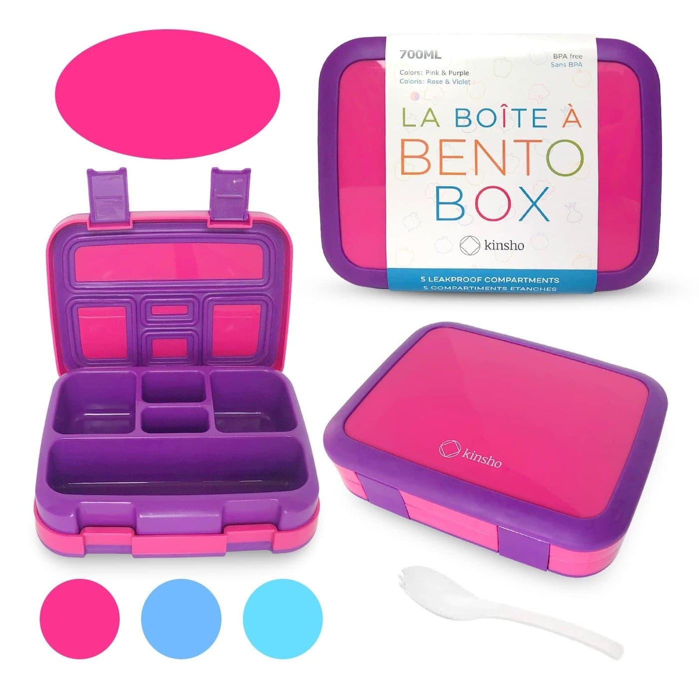 kinsho Bento Lunch Box for Kids Toddlers Girls 5 Portion Sections Secure Lid Microwave Safe BPA Free Removable Tray PreSchool Kid Daycare Lunches Snack Container Ages 3 to 5 Pink Purple