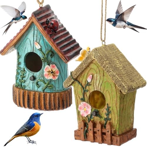 DoubleFill 2 Pcs Birdhouse for Outside Hanging Bird Houses for Outdoor Colorful Decorative Cute Resin Birdhouses for Outside Indoors Nesting Garden Backyard Decor for Bird LoversSimple