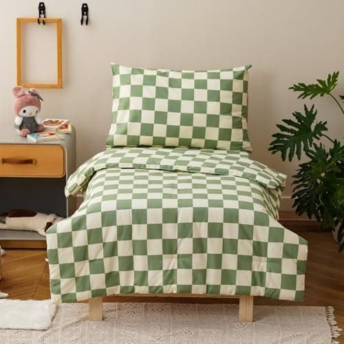 CLOTHKNOW 4Pieces Plaid Toddler Bedding Sets for Boys Girls, Green White Grid Checkerboard Pattern, Soft Crib Bed Set Including Comforter, Flat Sheet, Fitted Sheet and Pillowcase