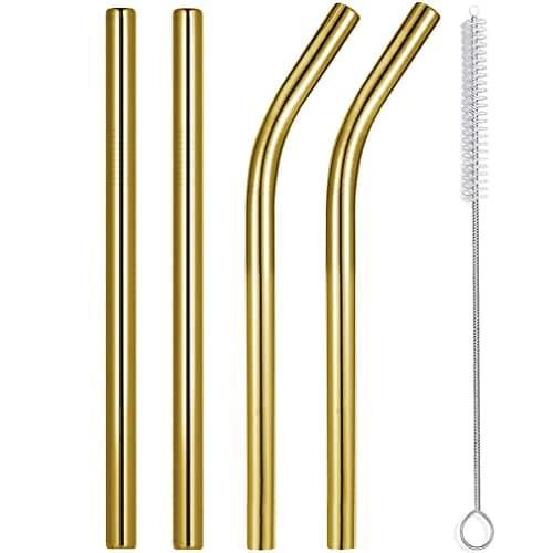 Vinaco 8.5" and 10.5" Big Smoothie & Milkshake Straws, 4 Pack Food-Grade Stainless Steel 0.4" Wide Mouth for Thick Drinks, Gold Metal Reusable