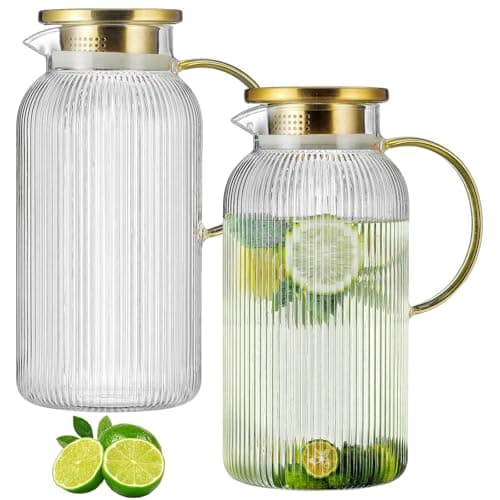 Buaic 2 PACK Glass Pitcher with Lid, 84oz/2.5L Liter Classic Vertical Stripes Water Pitcher,Glass Water Carafe for Cold Brew, Coffee, Lemonade, Iced Tea,Sun Tea, Beverage, Heat Resistant