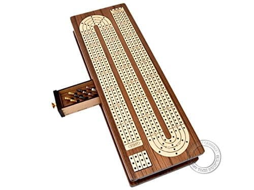 House of Cribbage - Continuous Cribbage Board Inlaid in Teak Wood/Maple Wood - 4 Track - Separate Storage Space for Two Deck of Cards & Pegs
