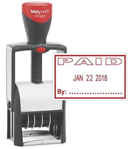 MaxMark Heavy Duty Self Inking Date Stamp with Phrase Paid - Red Ink