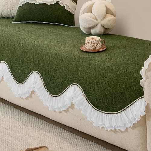 HOKIPO 'French Classic Frill' Sofa Cover Mat for 1/2/3 Seater & L Shape Sofa. Make Your Own Sofa Cover Set, Anti-Slip Mat Length 90(D) x 150(L) cm, Dark Olive Green (AR-6141-GRN)