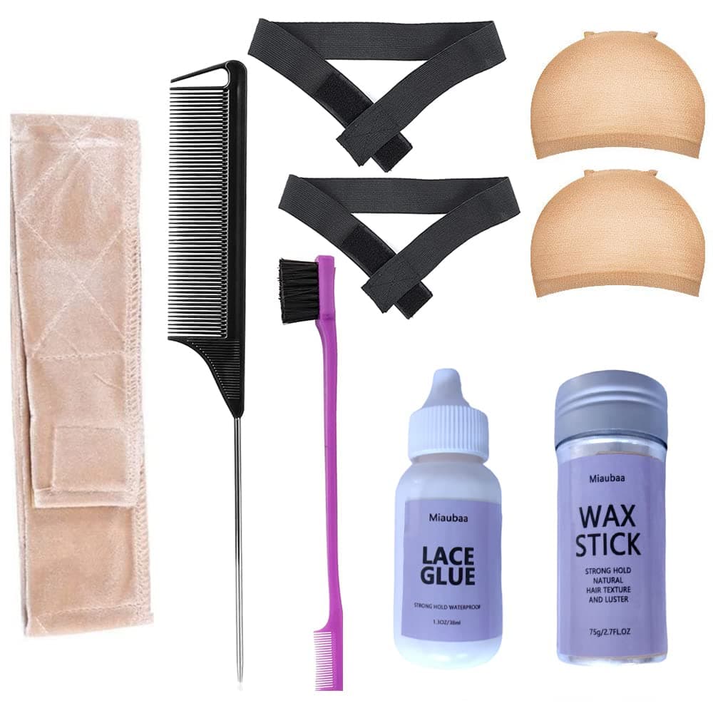 Miaubaa Wig Glue for Front Lace Wig Wig Glue with Tools for Wigs Hair Wax Stick Rat Tail Combs Elastic Band for Wigs Melting Lace Wig Kit for Lace Front Wigs for Beginners with Glue 8 PCs