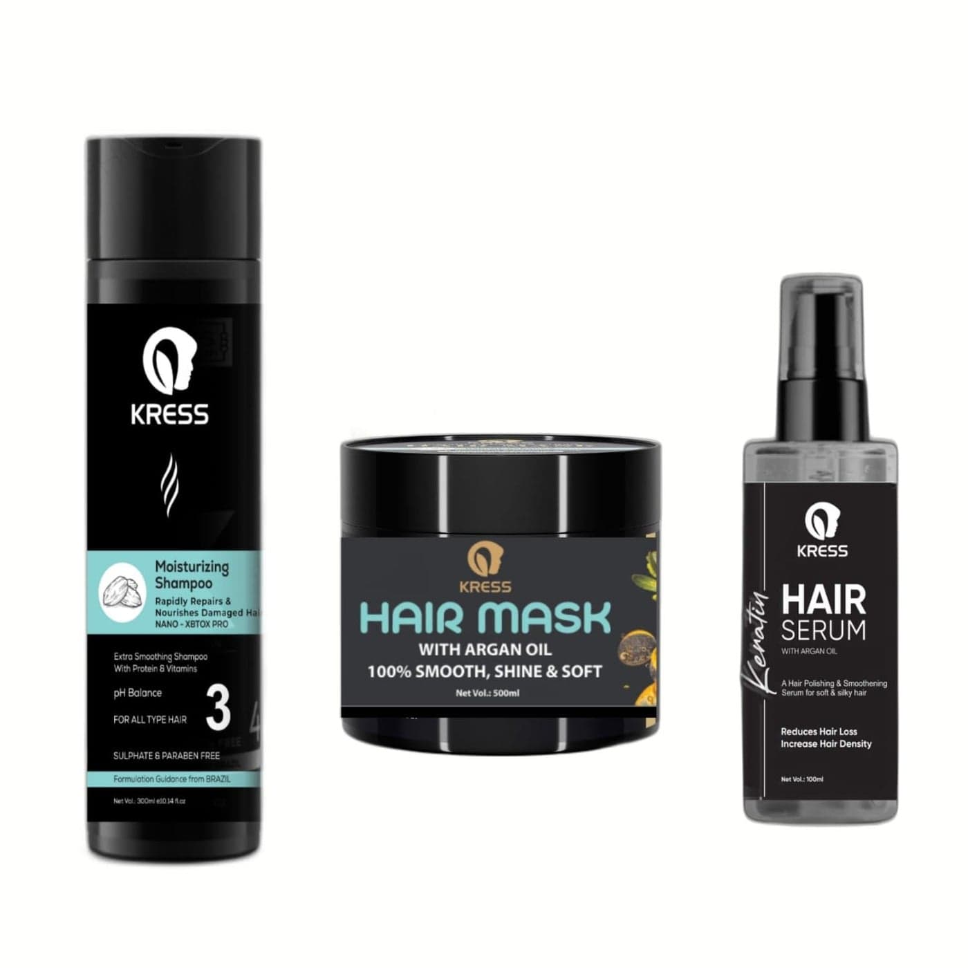 Kress Moisturizing Hair Shampoo Argan Mask Hair Serum for Frizz Free Smooth Shiny Healthy Hair 3 Steps Hair Care Combo Set