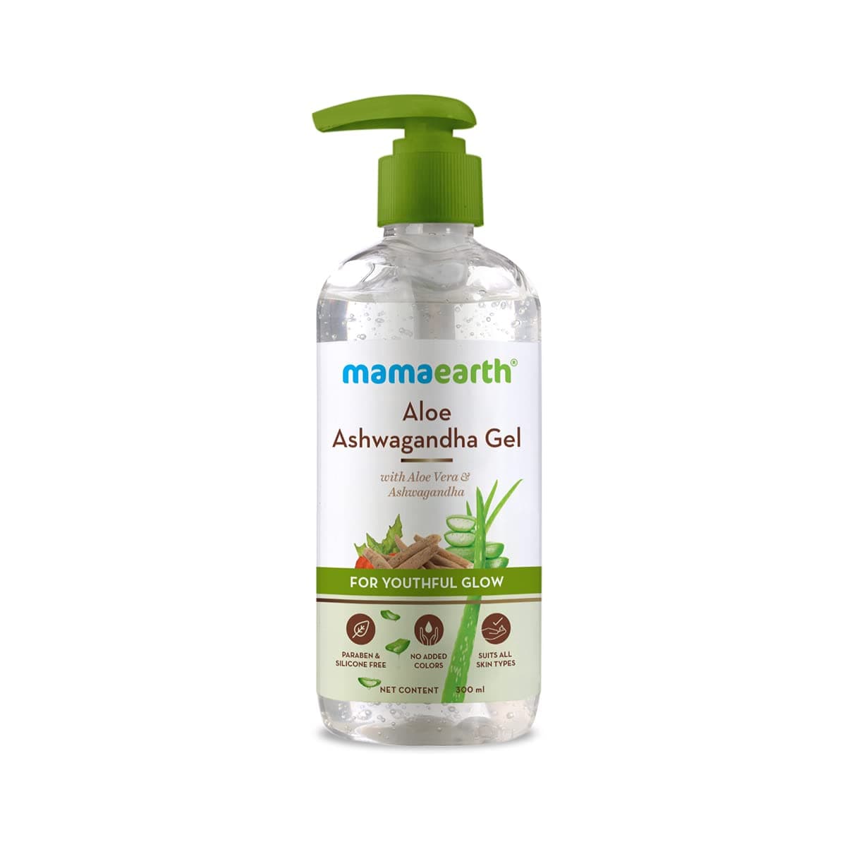 Mamaearth Aloe Ashwagandha Gel with Aloe Vera & Ashwagandha for Youthful Glow | Deeply Hydrates & Moisturizes Skin | Non Sticky & Paraben Free | 10.14 Fl Oz (300ml)