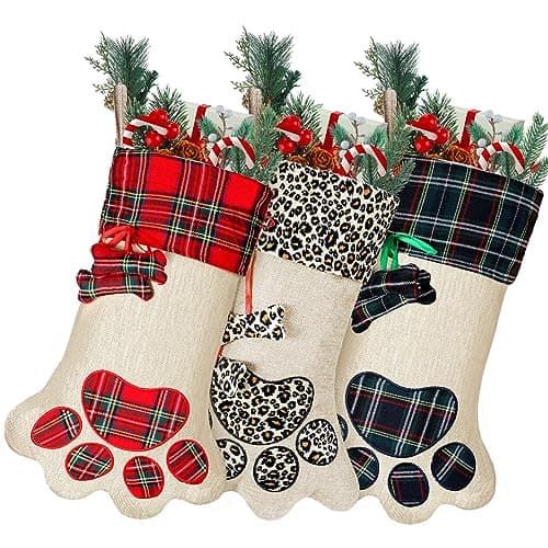 Syhood 3 Pieces Pet Christmas Stockings Dog Cat Christmas Stockings 18 Paw Pattern Stockings for Xmas Tree Fireplace Hanging Christmas Party Decorations GiftStylish StyleLinenCottonFlannel
