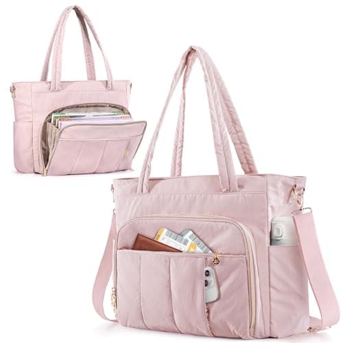 Marscamd Teacher Bag for Women with Accordion File Pockets & Crossbody Strap, Puffer Tote for Work with 15.6" Laptop Compartment, Pink