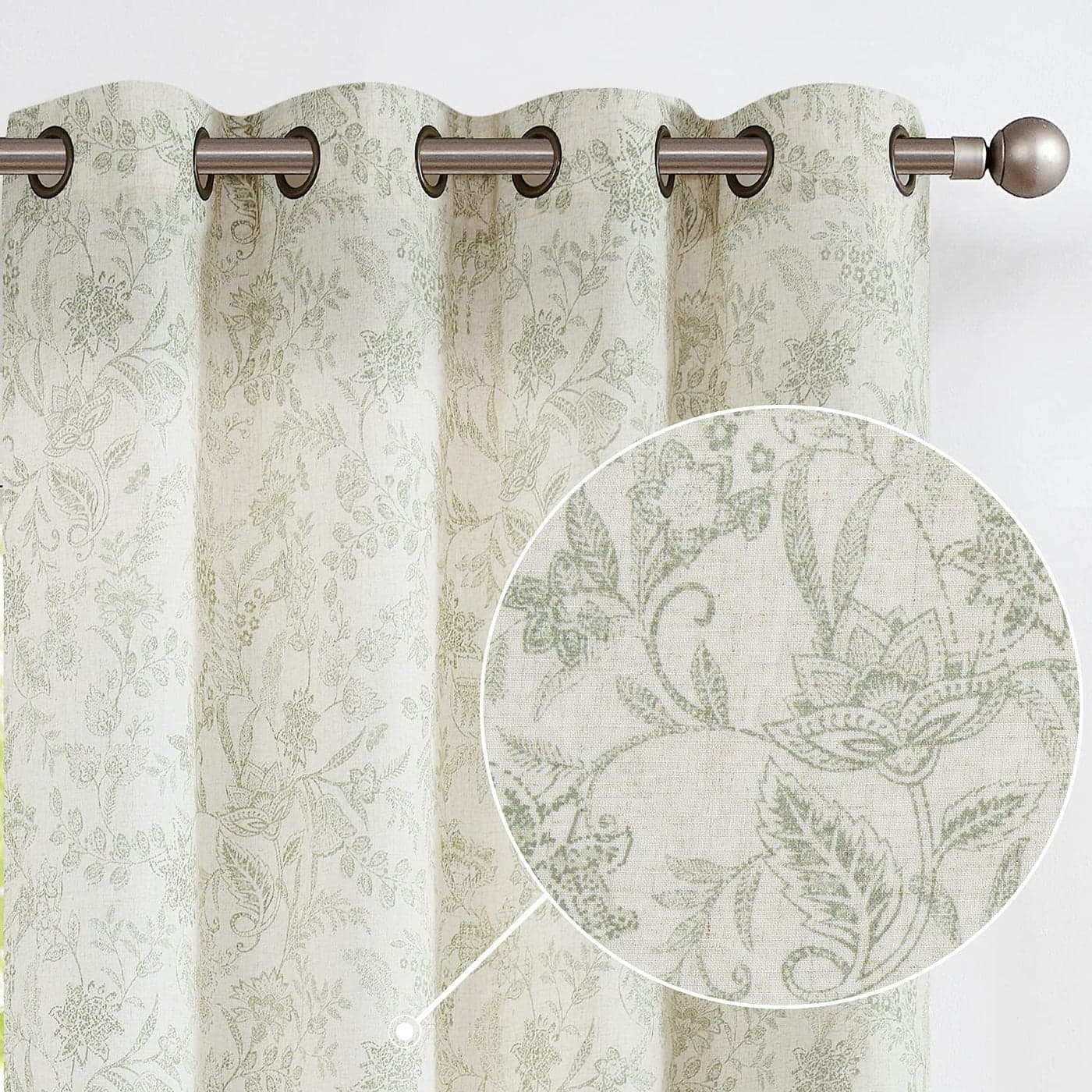 Lazzzy Linen Farmhouse Curtains for Living Room 63 Inch Length Floral Print Window Curtains Semi Sheer Drapes for Bedroom Country Light Filtering Curtain Grommet Top 2 Panels Green on Beige