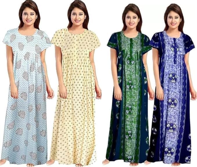 XAKALAKA Women's Cotton Nightgown Pack of 4 – Printed Maxi Nighties | Ankle-Length Sleepwear | Free Size Night Dress for Ladies | Soft & Breathable Loungewear (Option_10, Free Size)