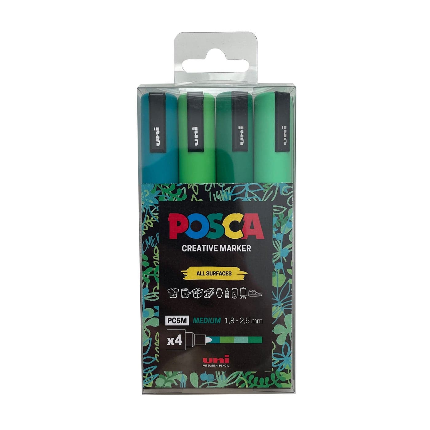 Posca Paint Markers Set of 4 Green Tones 5M Medium Markers with Reversible Tips Marker Set of Acrylic Paint Pens Pens for Art Supplies Fabric Paint Fabric Markers