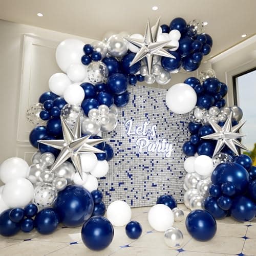 Bonropin 161pcs Navy Blue and Silver Balloon Garland Arch Kit with Blue White Silver Confetti Balloons Star Foil Balloons for Graduation New Year Anniversary Birthday Party Decorations