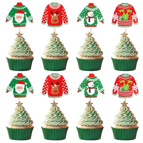 Ugly Sweater Cupcake Toppers 40 PCS Christmas Ugly Sweater Cupcake Toppers Party Decorations Christmas Holiday Cake Decoration Food Picks Topper for Xmas Birthday Holiday Party Decorations Supplies