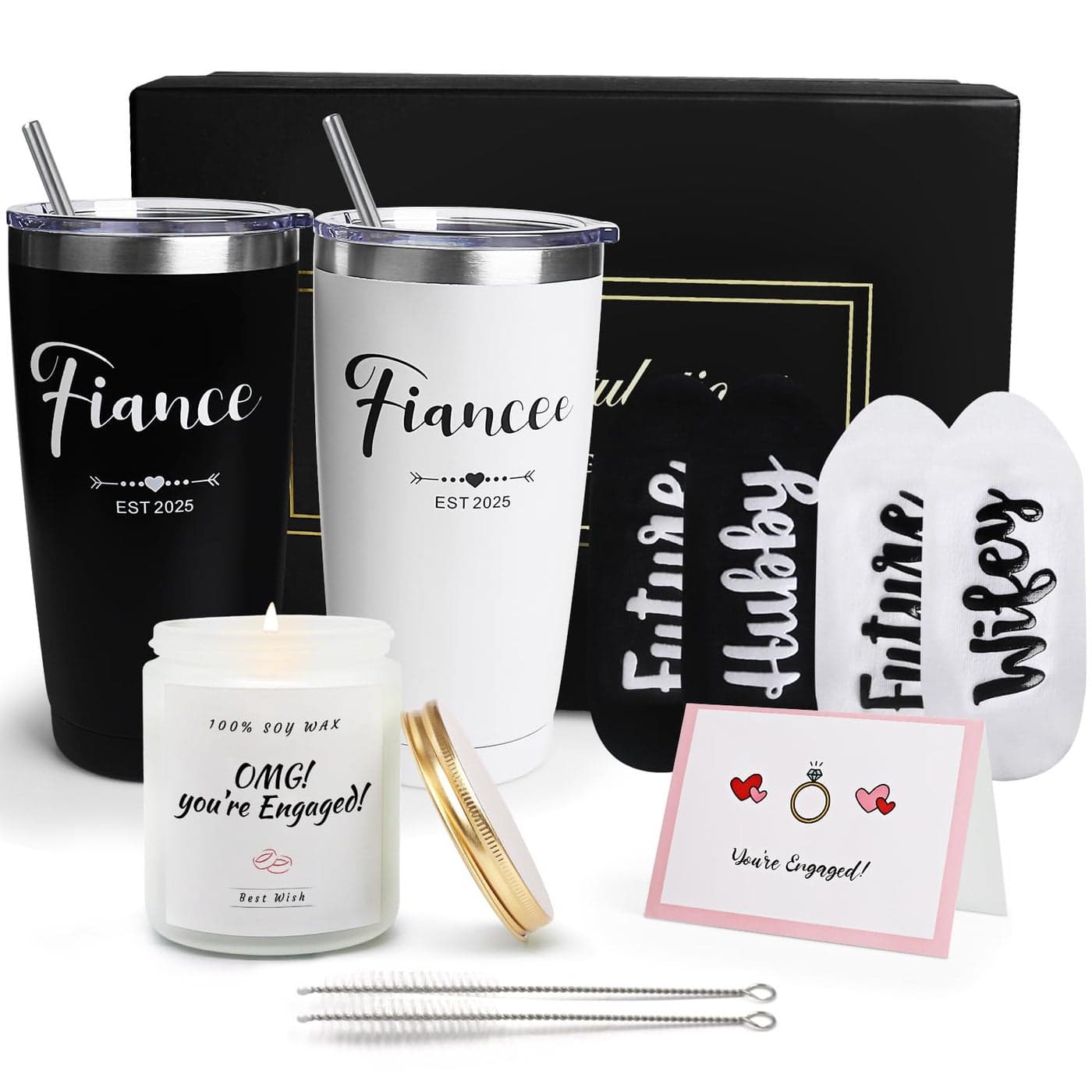 Engagement Gifts for Couples Cool Wine Engaged Tumbler Gift Set Newly Presents for Women his and her him Fiance Fiancee Friend Girlfriend Boyfriend Ideas with Straws Socks Candle Greeting Card