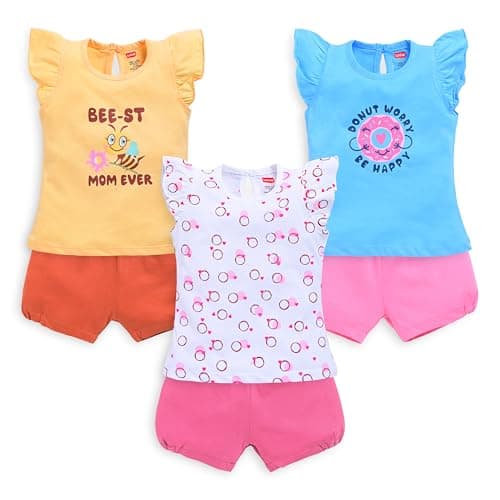 LuvLap Baby Girl Cotton Printed Sleeveless Top & Shorts Sets Pack Of 3, White, Baltic Sea & Mango, XL (12 to 18 Months)