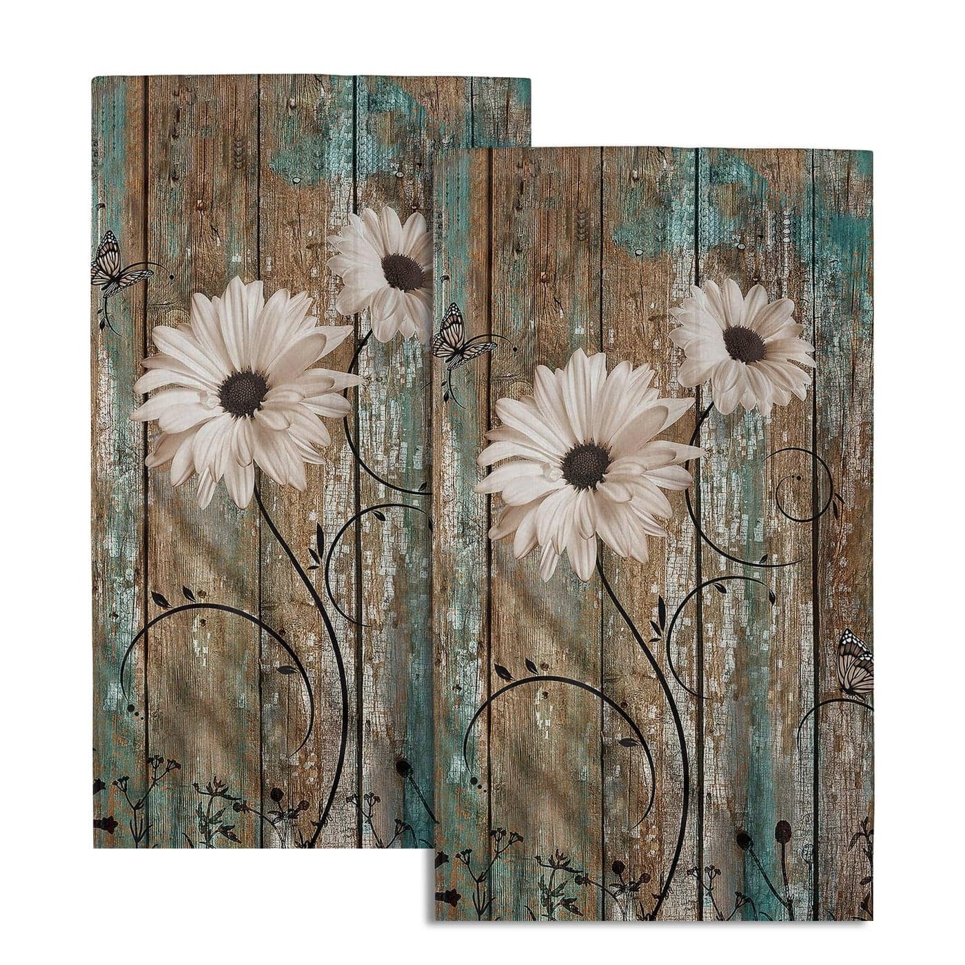 Rustic Barn Sunflower Wooden Hand Towel 15x30 Set of 2 Fall Daisy Flower Teal Turquoise Brown Plank Fingertip Towel Retro Board Face Towel Country Barnwood Washcloth for Bathroom Farmhouse Log Cabin
