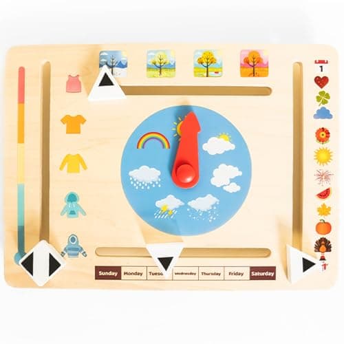 Montessori Me Wooden Weather Board for Toddlers Preschool Weather Chart Daily Calendar for Kids Interactive Toddler Calendar with Days of The Week Months Seasons Temperatures