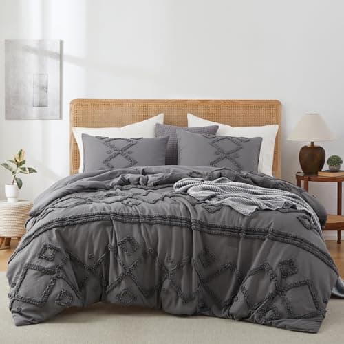 Oli Anderson King Comforter Set, 3 Pieces Boho Grey Comforter Geometric Tufted Bedding Comforter Sets, Soft Fluffy Comforter with 2 Pillowcases (Slate Grey, King)