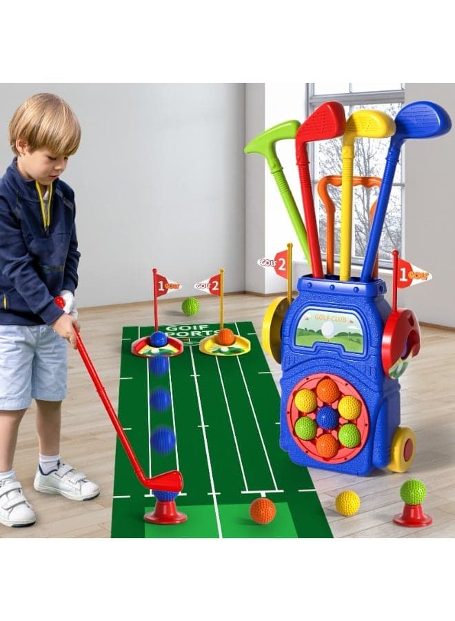All-in-One Golf Toy Set for Indoor & Outdoor Play, Includes Golf Balls Clubs Bases, Putting Mat & Storage Cart, Backyard Game Toys