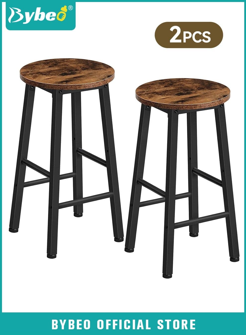 Bar Stools Set of 2, Kitchen Counter Stools, 24.8 Inch Bar Height Stools, Round Backless Bar Chair with Metal Legs and Footrest, Perfect for Dining Room, Kitchen Counter, Bar